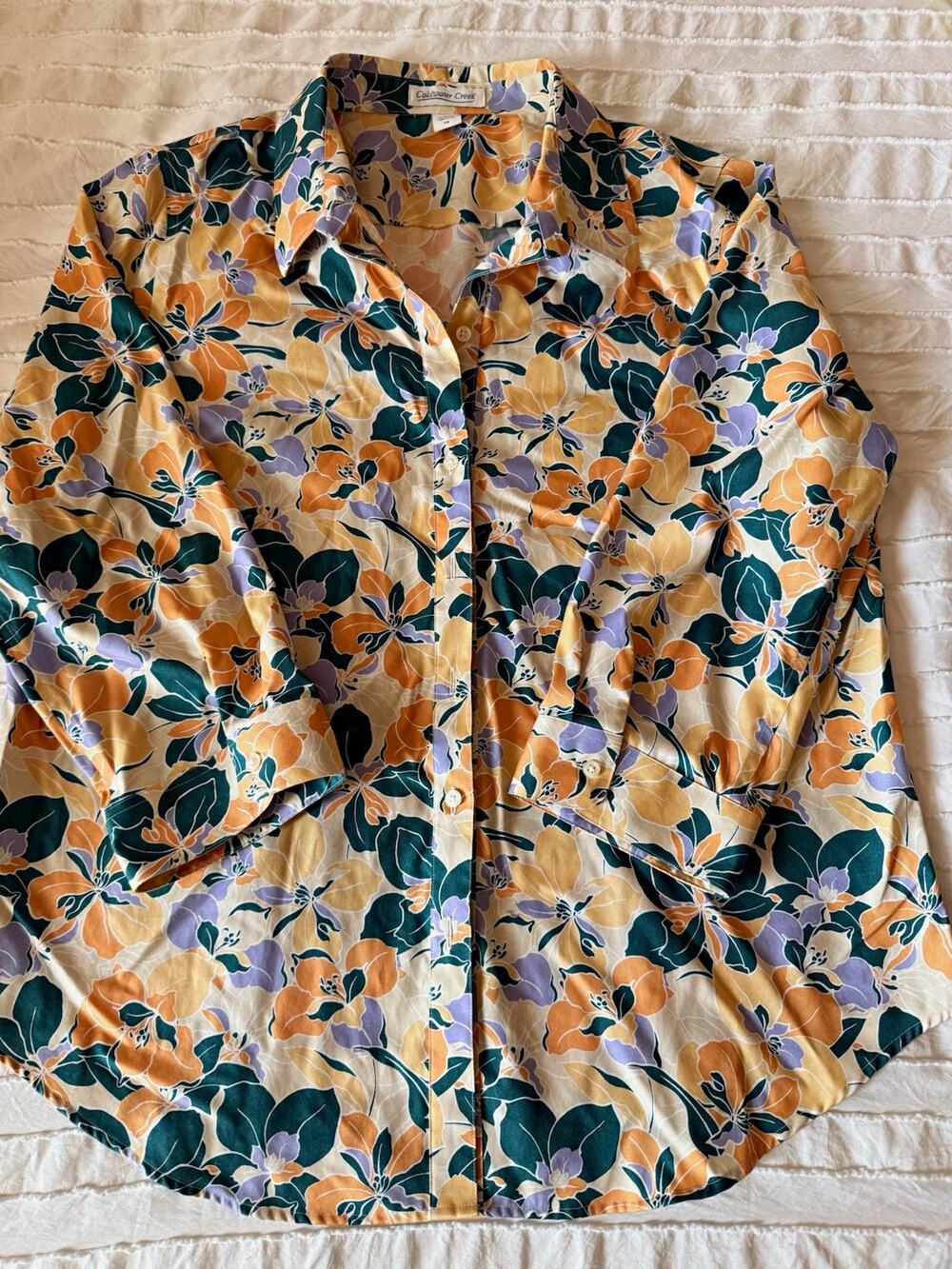 Coldwater Creek Women's Floral Multicolor Button-Up Collared Woven Blouse 14